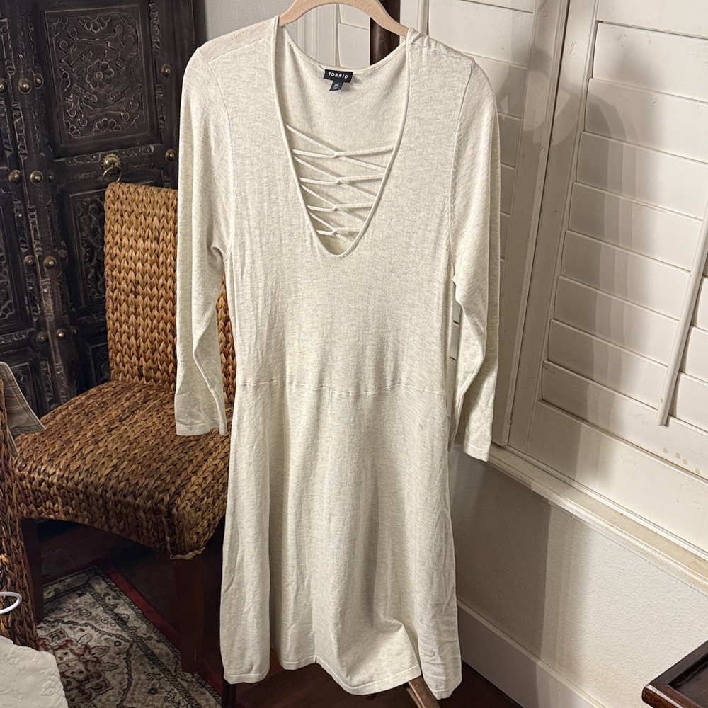 Torrid Cream Long Sleeve Dress with Lattice Neckline